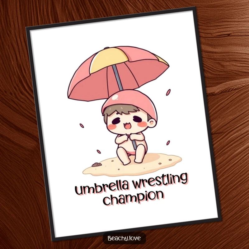 Funny digital art print of a kawaii character comically fighting a beach umbrella, vibrant colors, humorous wall art for instant download.