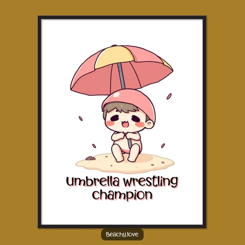 Funny Kawaii Beach Umbrella Struggle Digital Art - Hilarious Wall Decor