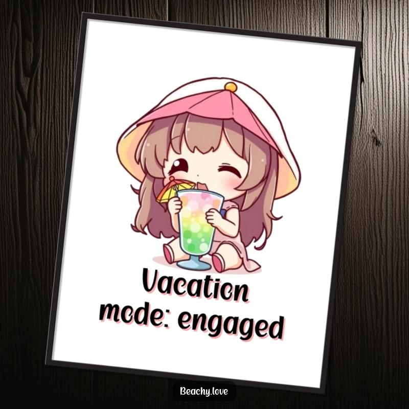 Funny digital art print of a character sipping a small drink with a colorful umbrella, for instant tropical humor.