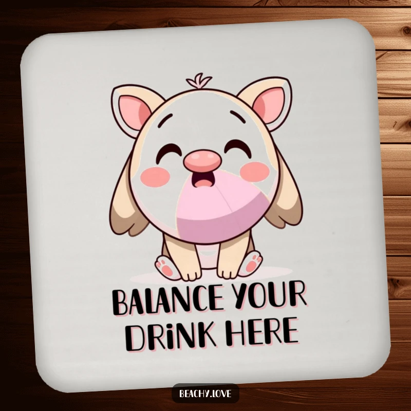 Funny drink coaster with a surprised kawaii character balancing a beach ball on its nose, adding charm.