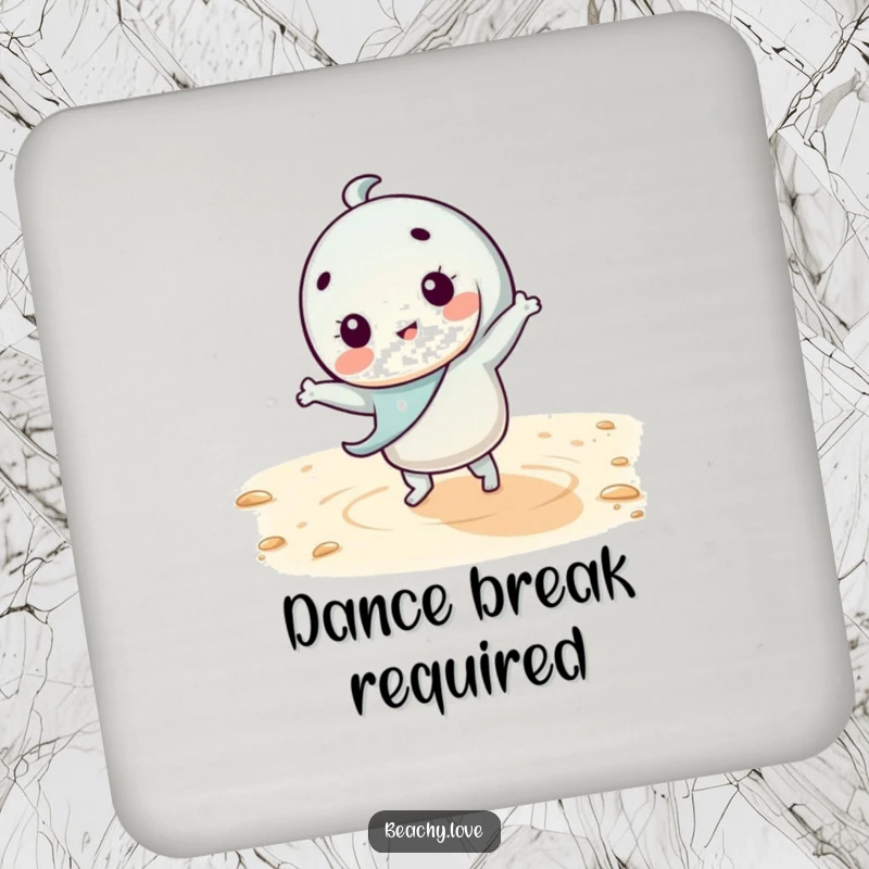 Funny kawaii character doing a silly dance on warm sand, printed on protective drink coasters, adding a touch of beachy humor.