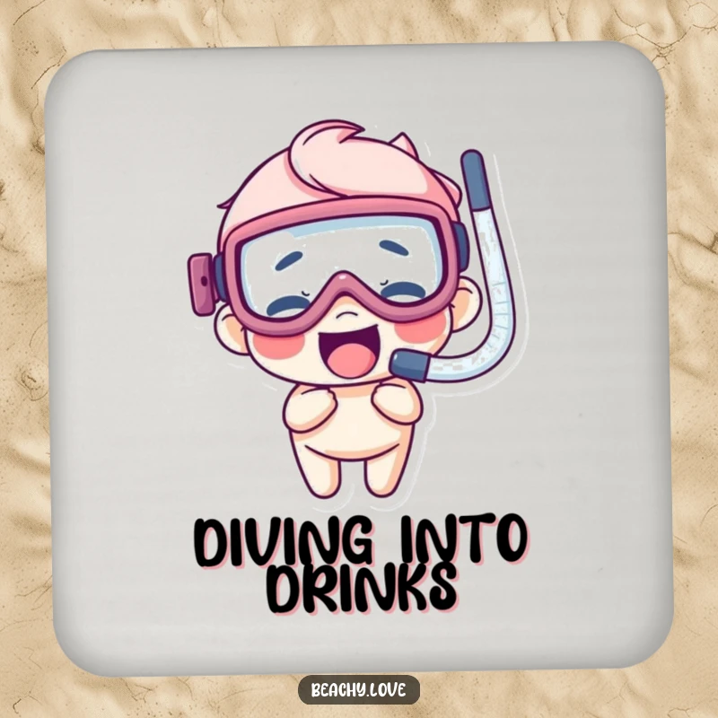 Funny drink coaster with a giggling character wearing oversized goggles and a snorkel, adding aquatic flair.