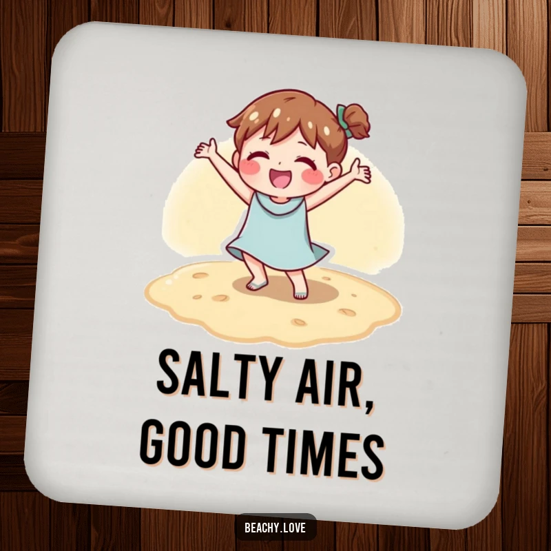 Funny drink coaster with a character doing a happy dance on warm sand, protecting surfaces with beachy humor.
