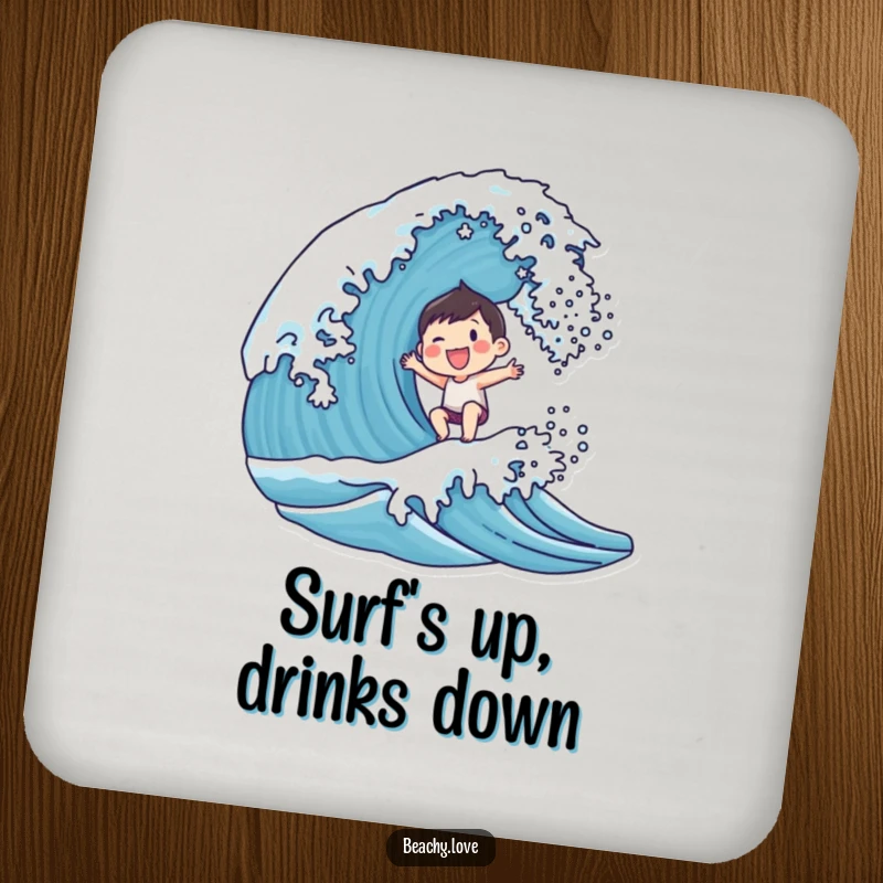 Funny drink coaster with a small, smiling character joyfully surfing a breaking wave, protecting tables with surf-themed humor.