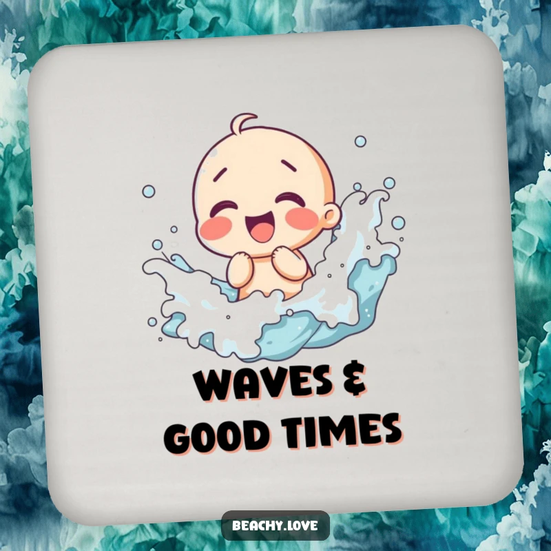 Funny drink coaster featuring a kawaii character giggling with waves splashing, protecting surfaces with a joyful beach design.