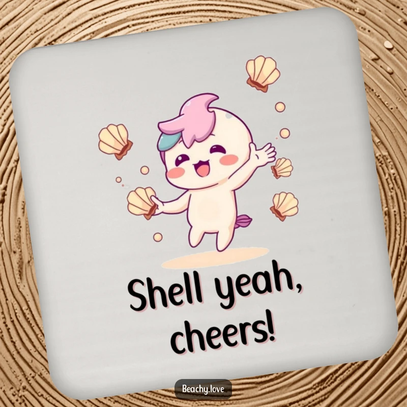 Funny drink coaster with a delighted kawaii character juggling seashells, adding charm to any surface.