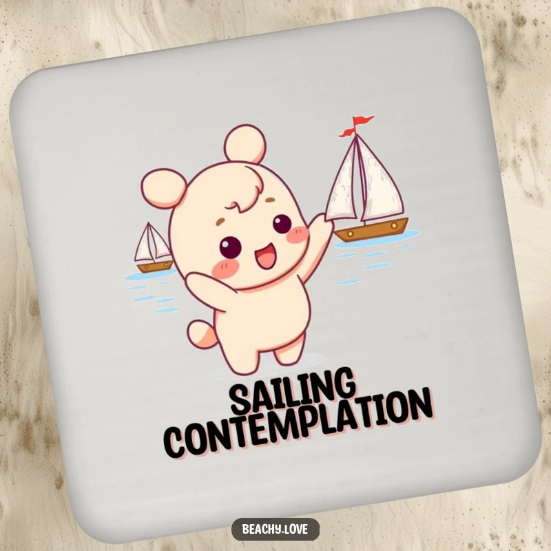 Funny kawaii character excitedly pointing at a sailboat, printed on protective drink coasters, adding a touch of adventure humor.