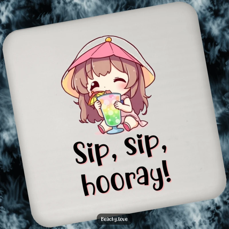 Funny drink coaster showing a character sipping a small drink with a colorful umbrella, protecting surfaces with tropical humor.