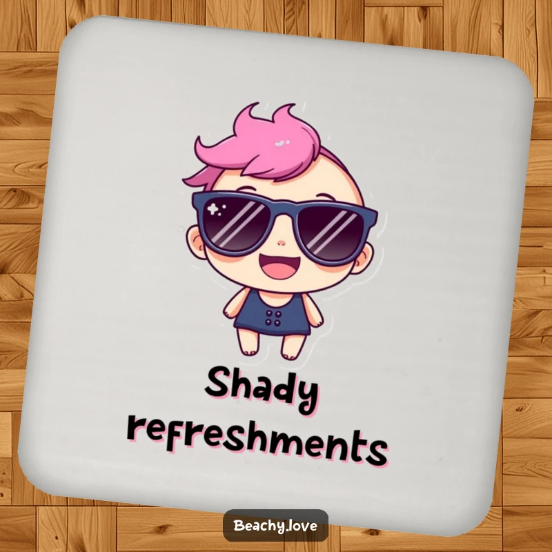 Funny coaster with a happy character wearing oversized sunglasses and a bright smile, protecting surfaces with cool flair.