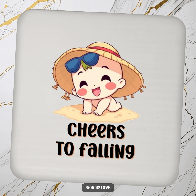 Funny drink coaster with a happy character in a sun hat comically tripping on the sand, protecting tables with beachside humor.