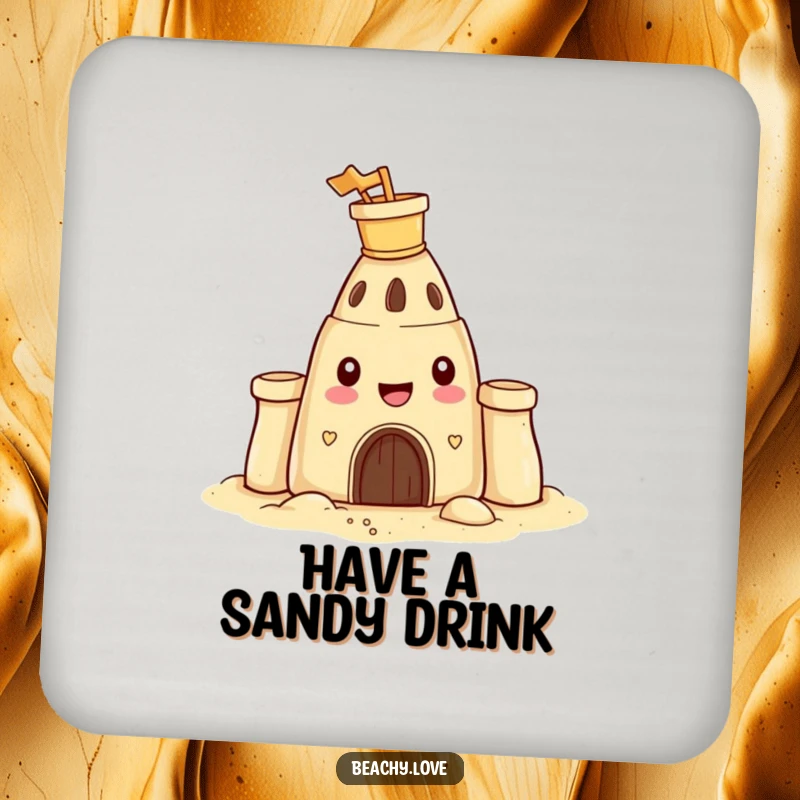 Funny drink coaster featuring a happy sandcastle with a tiny bucket and spade on its head, adding cheerful beach decor.