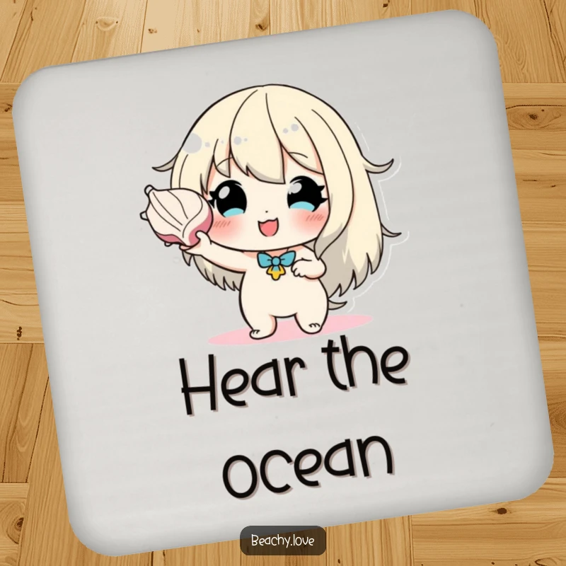 Funny drink coaster featuring a hopeful character holding a seashell to their ear, bringing a sense of oceanic calm and humor to any surface.