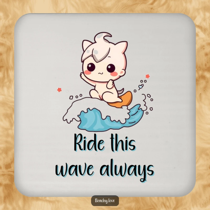 Funny drink coaster with a happy kawaii character riding a friendly wave, adding charm to any surface.