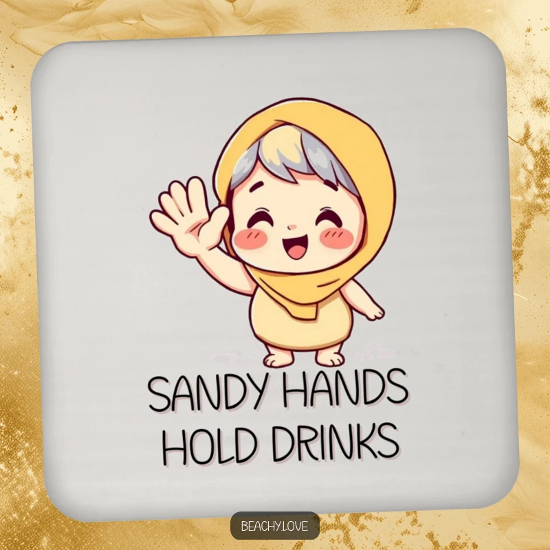 Funny drink coaster showing a character giving a big, playful wave with a sandy hand, protecting surfaces with beach humor.