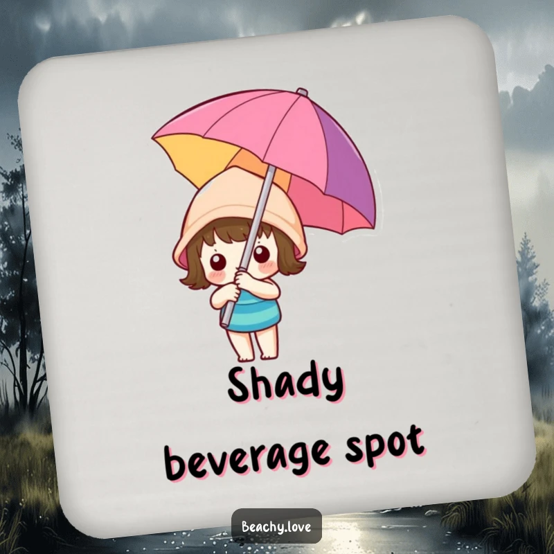 Funny kawaii character holding a colorful beach umbrella, printed on protective drink coasters, adding a touch of beachy humor.