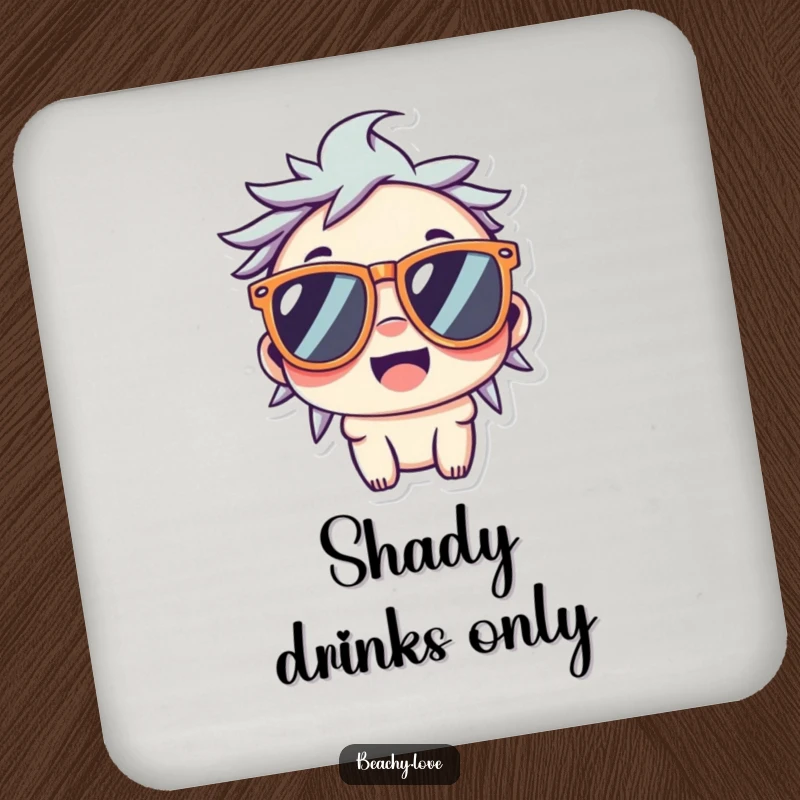 Funny drink coaster with a smiling kawaii character wearing oversized sunglasses, adding charm to any surface.