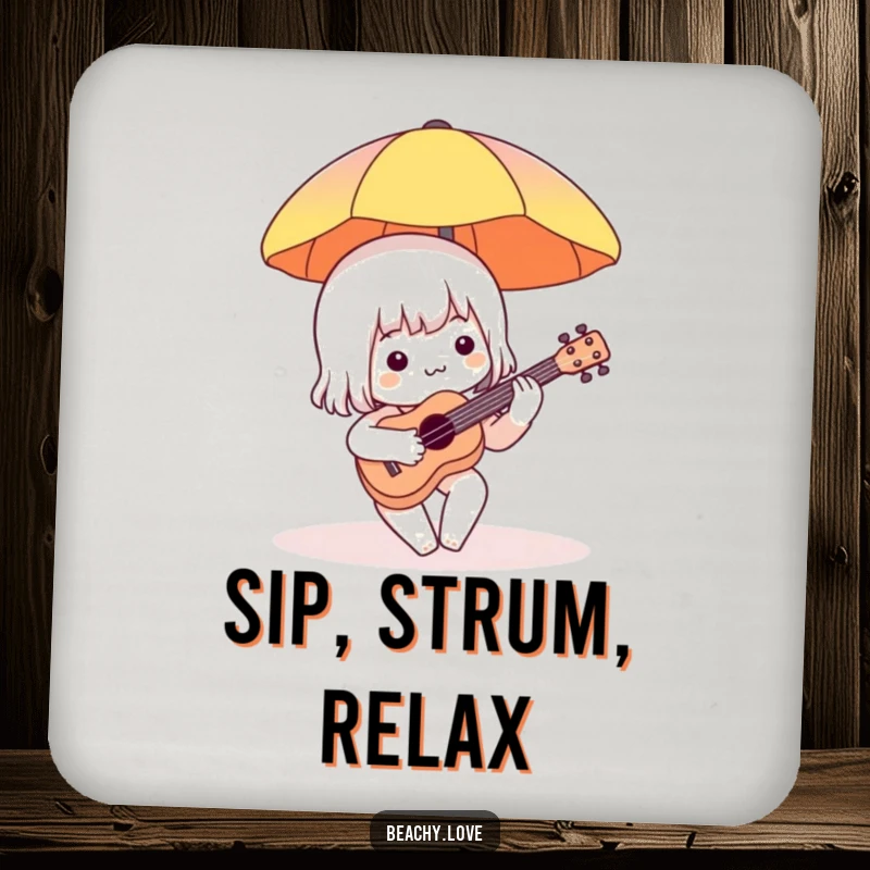 Funny drink coaster featuring a charming character playing a tiny ukulele under a beach umbrella, adding musical humor to any surface.