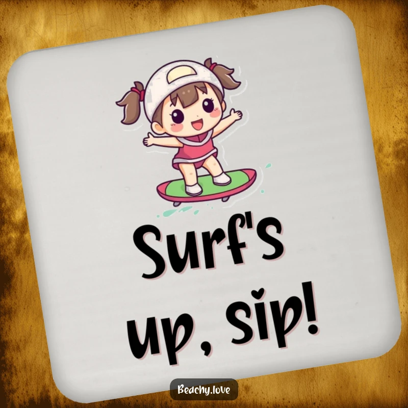 Funny coaster with a delighted figure surfing a small, colorful board, protecting surfaces with surf-inspired charm.