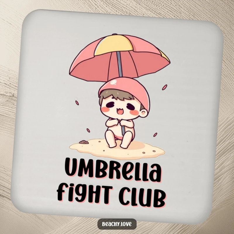 Funny drink coaster depicting a kawaii character's comical struggle with a beach umbrella, protecting furniture with humor.