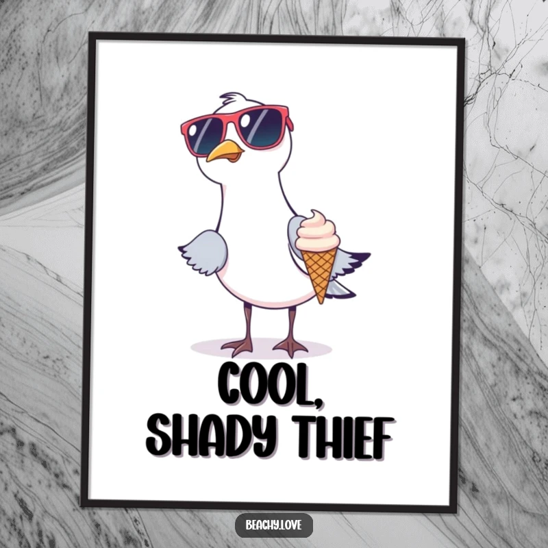 Funny poster art of a seagull wearing oversized sunglasses attempting to steal a tiny ice cream cone. Whimsical beach decor for any room. Great wall art.