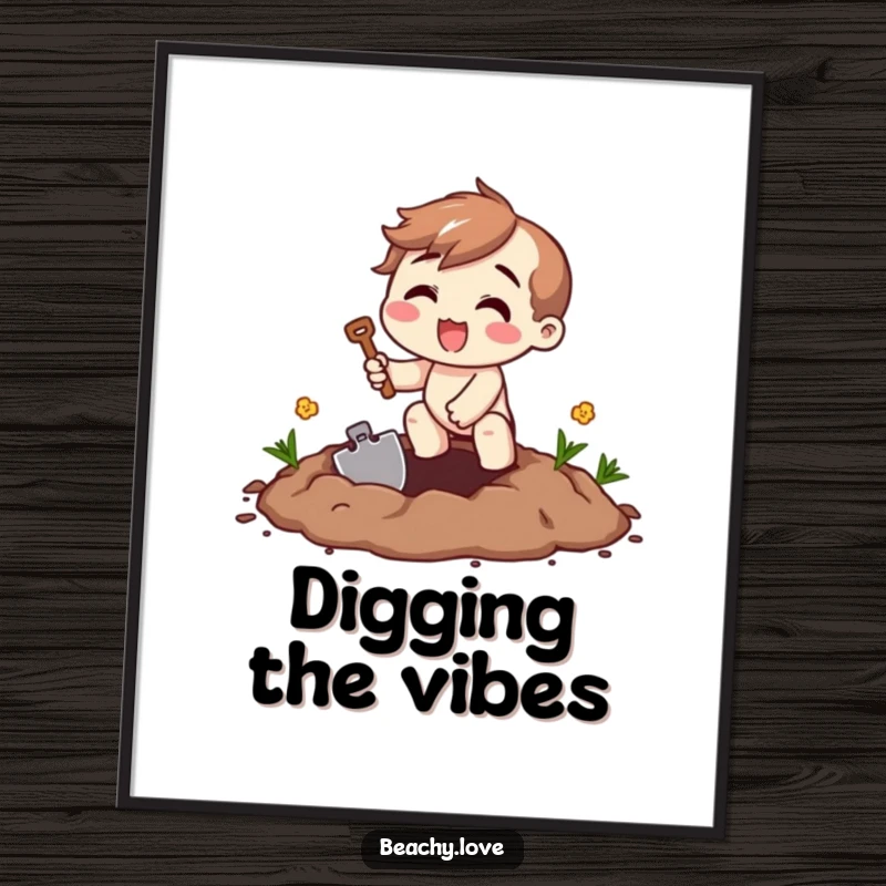 Funny digging excitement poster featuring a beaming character using a miniature shovel to dig, radiating pure enthusiasm.