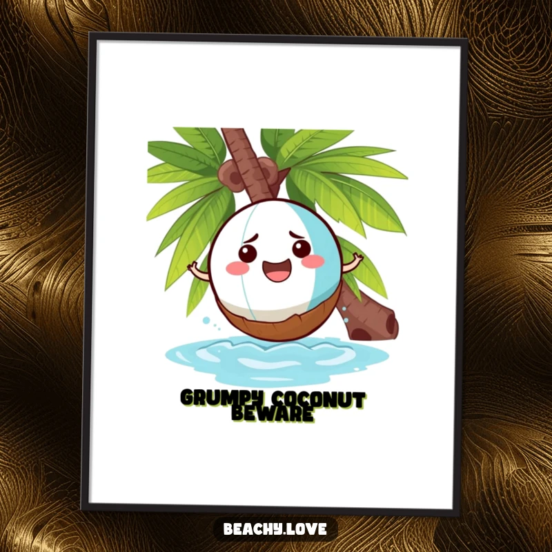 Funny poster showcasing a cheerful beach ball comically bouncing off a grumpy coconut, perfect for humorous tropical decor.