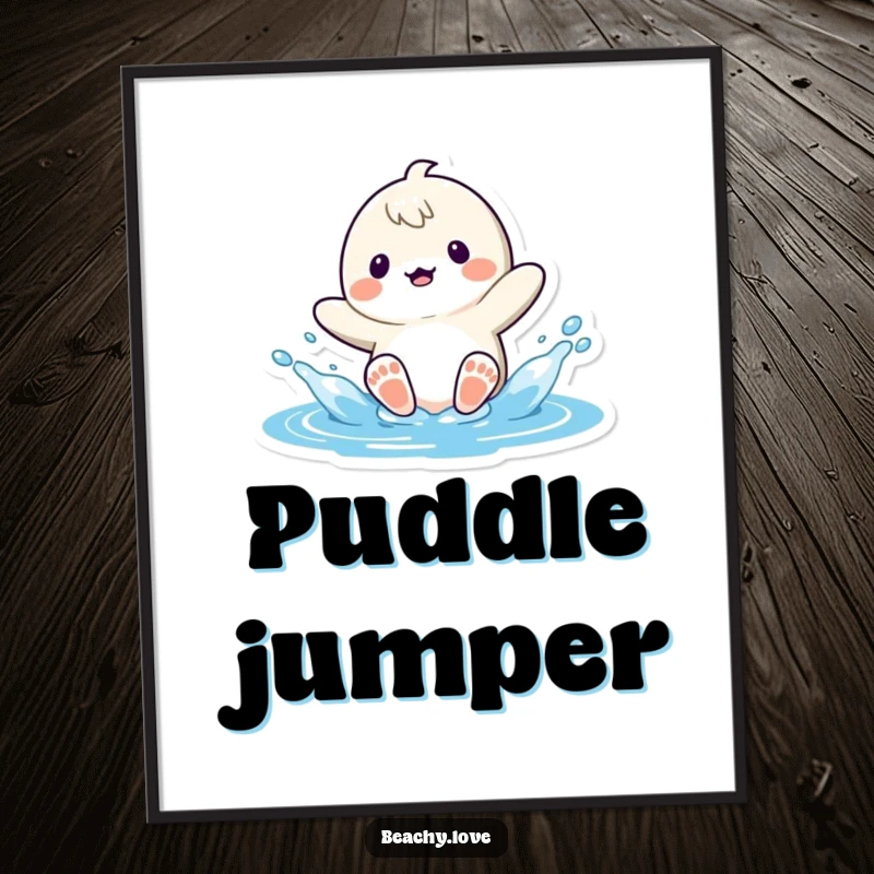 Funny kawaii character's feet splashing water joyfully at the beach, depicted on a vibrant and humorous poster for wall decor.