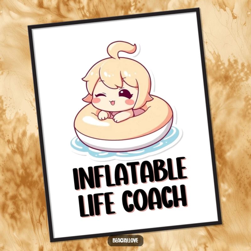 Funny poster featuring a kawaii character winking from an inflatable, serene water background, capturing ultimate summer relaxation.