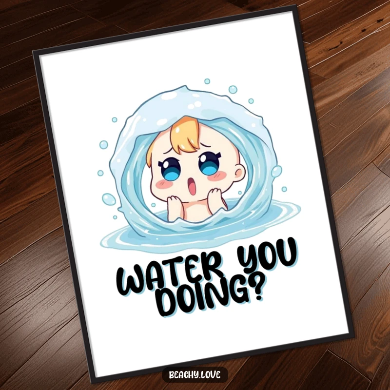 Funny poster depicting a surprised character playfully splashed by an ocean wave. Humorous wall art for any room.