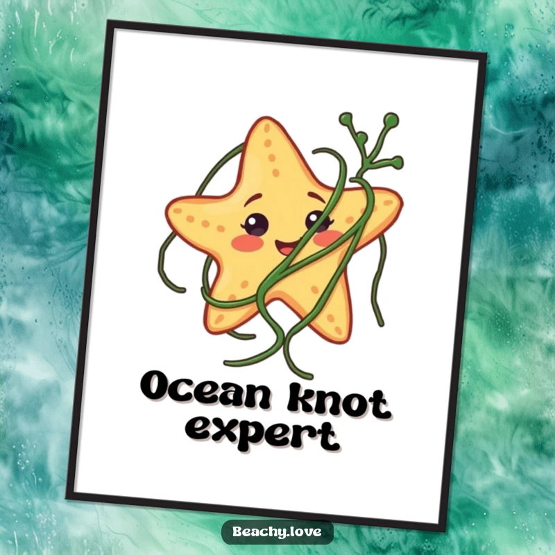 Funny poster depicting a smiling starfish comically ensnared in seaweed, bringing humorous ocean vibes to any room.