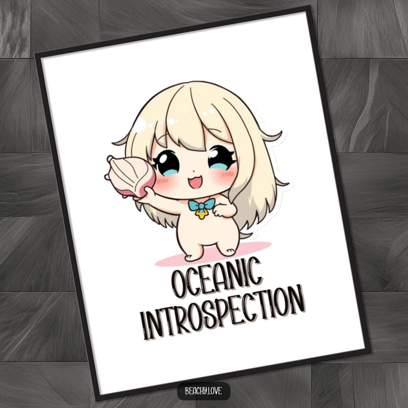 Funny poster print of a hopeful character holding a seashell to their ear, evoking a sense of calm, wonder, and connection to the ocean.