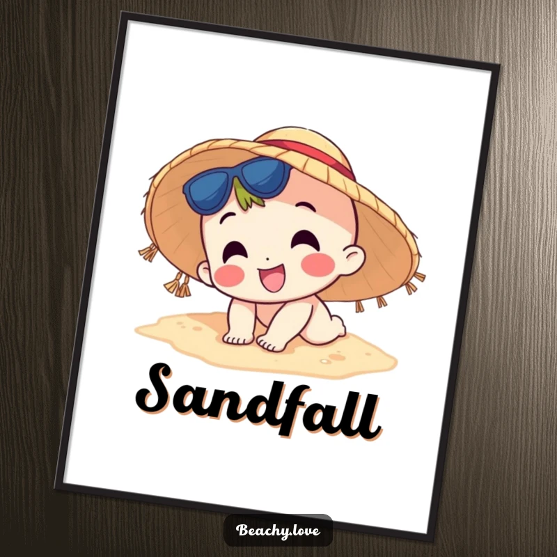 Funny poster art of a happy character in a sun hat comically tripping on the sand, bringing beachside humor indoors.