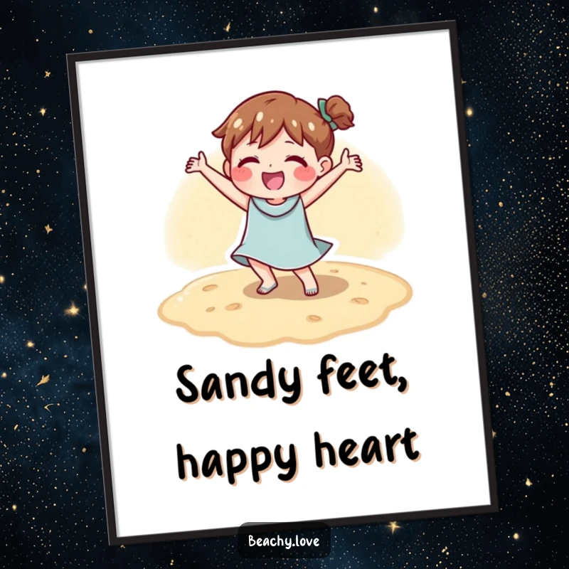 Funny poster art of a character doing a joyful dance on warm beach sand, perfect for spreading happiness.