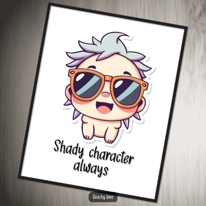 Funny poster of a cute kawaii character wearing oversized sunglasses and a wide smile, embodying ultimate coolness.