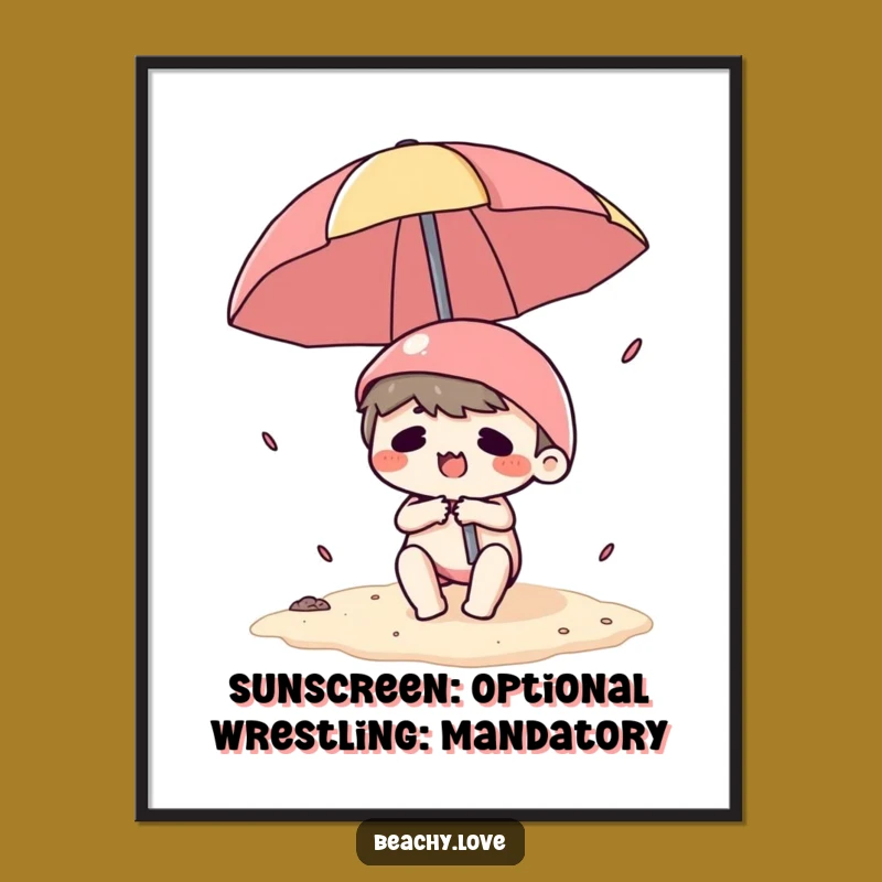 Funny Kawaii Beach Umbrella Struggle Poster - Hilarious Beach Decor Art