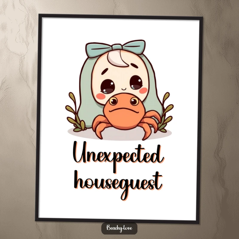 Funny poster of a character looking shocked by a small, friendly hermit crab, adding humorous wall decor.