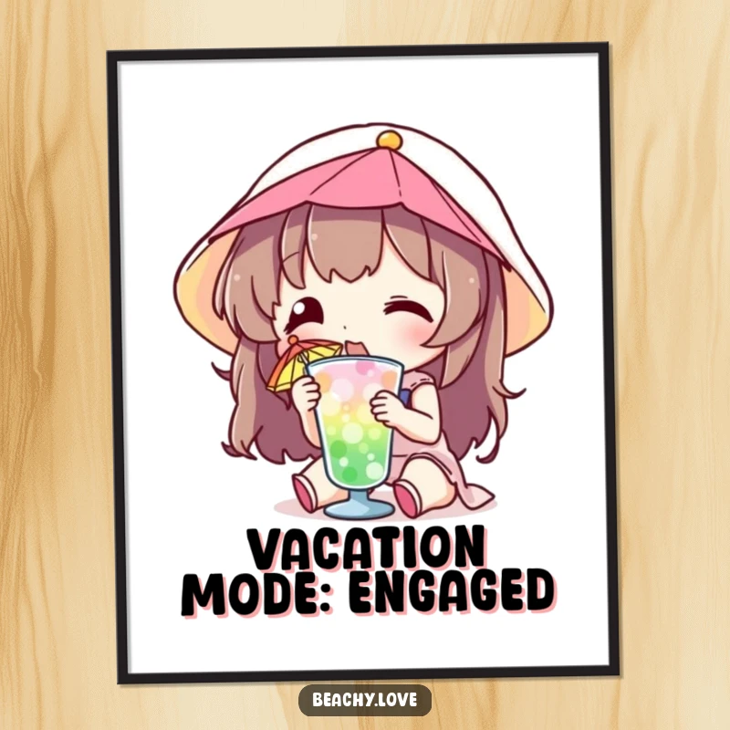 Funny poster of a character sipping a small drink with a colorful umbrella, perfect for adding tropical, humorous wall art.