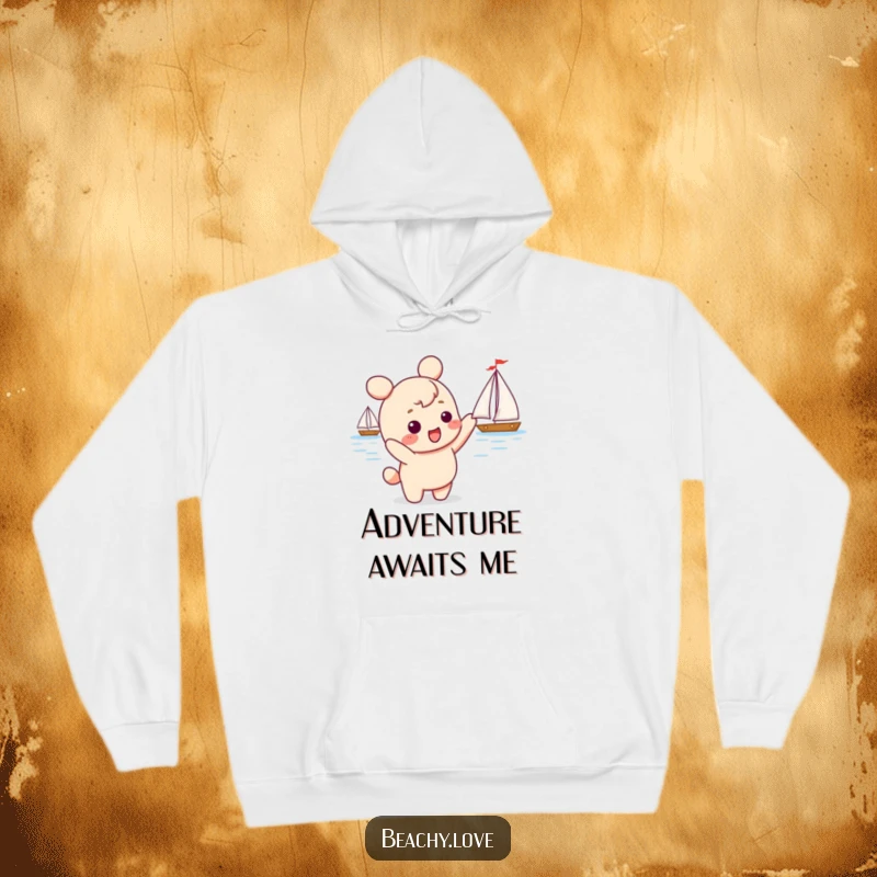 Funny kawaii character excitedly pointing at a sailboat, depicted on a cozy hoodie, perfect for staying warm during travels and adventures.
