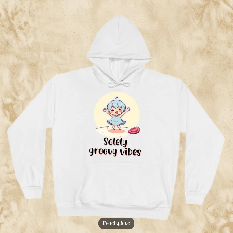 Funny hoodie depicting a cheerful character dancing around a flip-flop. Cozy and humorous beach-themed wear.