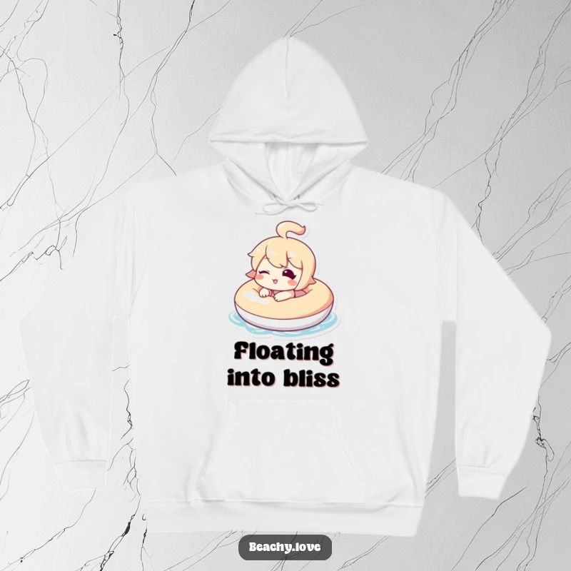 Funny hoodie depicting a kawaii character winking from an inflatable, perfect for staying warm after a swim or lounging.