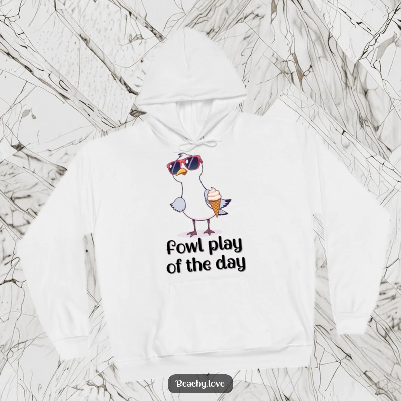 Funny hoodie with a seagull wearing oversized sunglasses trying to steal a tiny ice cream cone. Cozy and humorous beach apparel. Great design.