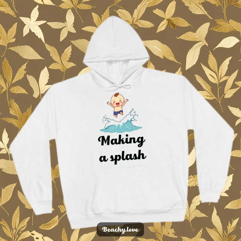 Funny hoodie depicting a joyful figure mid-jump over tiny waves, creating an epic, bubbly splash, perfect for casual wear.