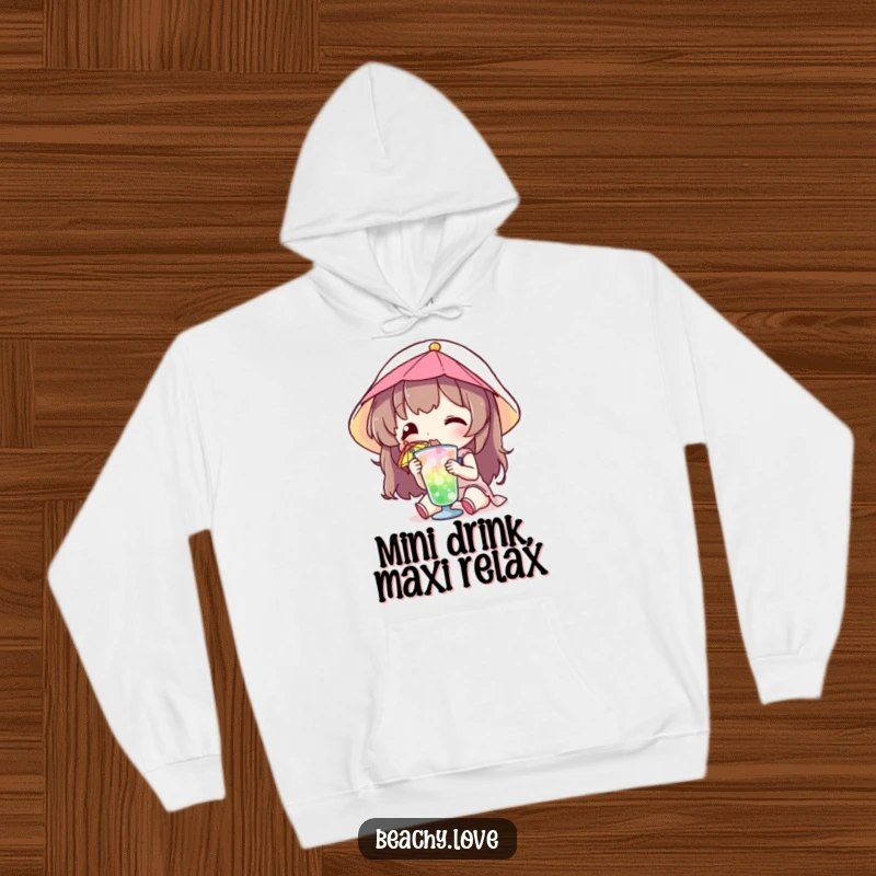 Funny hoodie depicting a character eagerly drinking a small, colorful umbrella cocktail, exuding relaxed, humorous vibes.