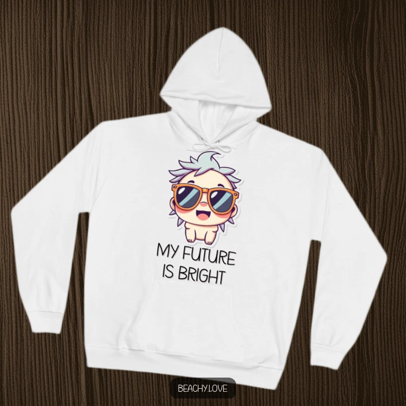 Funny hoodie with a smiling kawaii character wearing oversized sunglasses, radiating warmth and effortless cool.