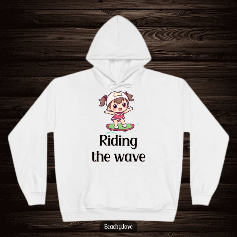Funny hoodie with a delighted figure riding a small, eye-catching colorful surfboard, perfect for casual, cool wear.