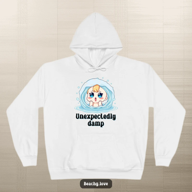 Funny hoodie showing a surprised character being playfully splashed by a water wave. Great for cozy, humorous wear.