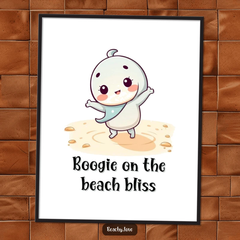 Funny free printable wall art of a kawaii character doing a silly dance on warm sand, radiating happiness and playful energy.