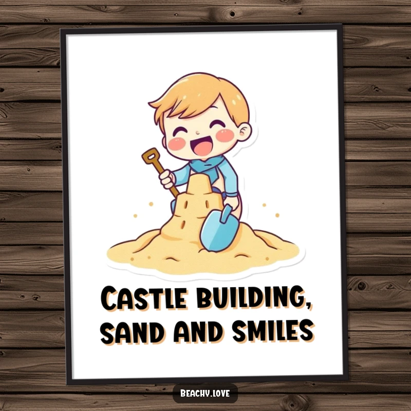 Funny free printable wall art of a tiny character gleefully building a sandcastle with a tiny shovel, bringing beach fun indoors.