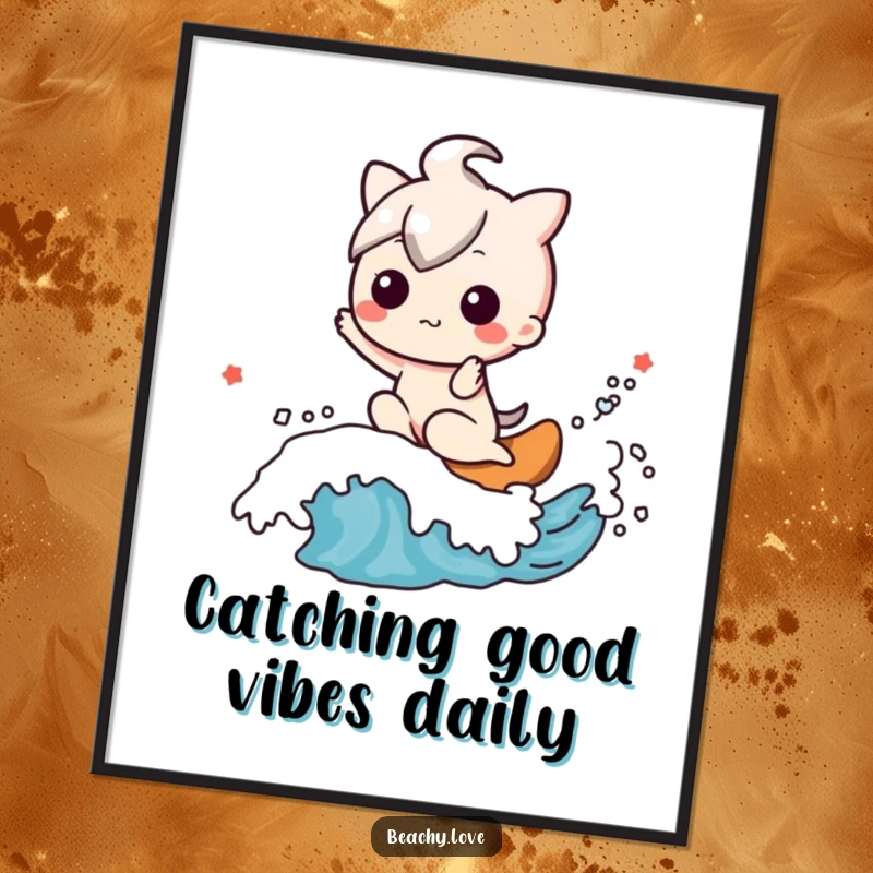 Funny Free Printable Wall Art: Kawaii character happily riding a friendly wave, joyful beach scene, decor.