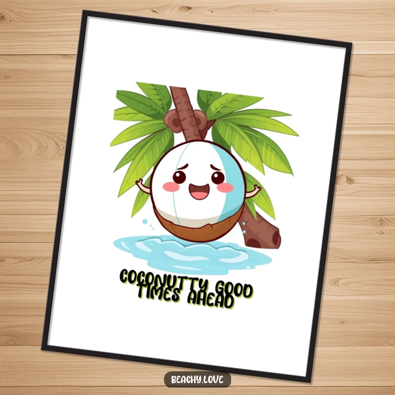 Funny Free Printable Wall Art: Beach ball comically bouncing off a grumpy coconut, tropical funny scene.